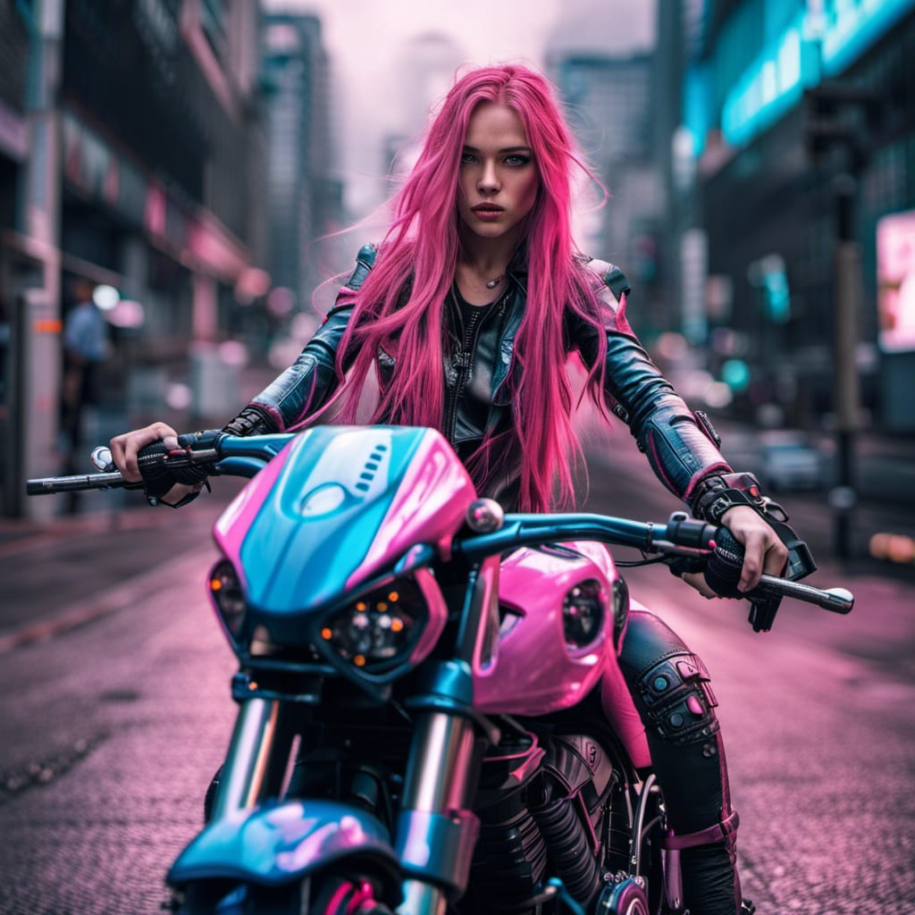 biker girl with pink hair